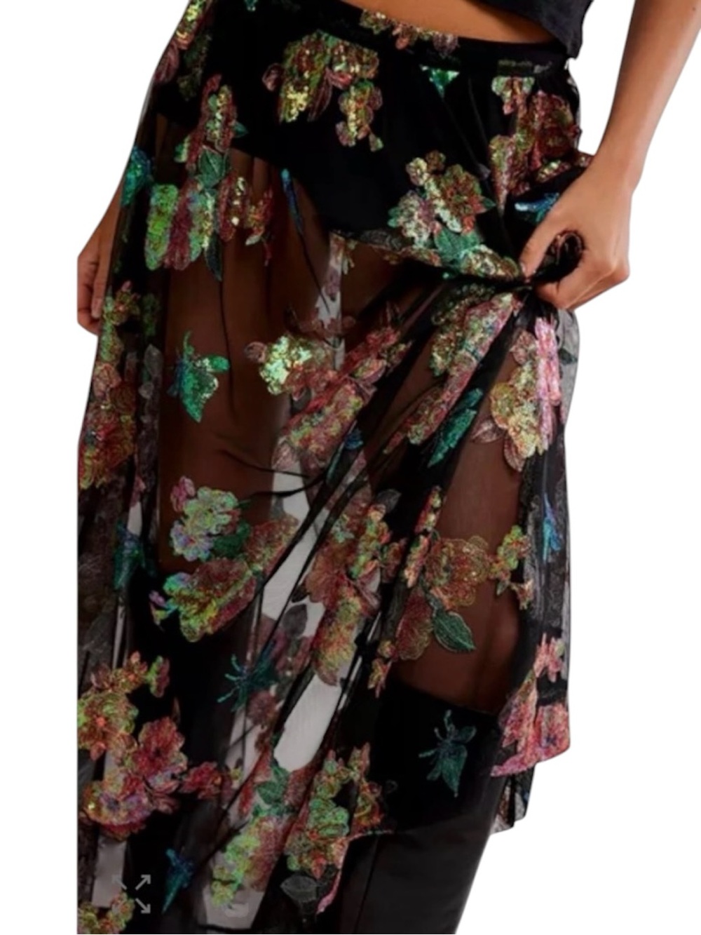 Free People Fioritura Sequin Floral Sheer Maxi Skirt Black Multi Size 4 NWT - Picture 5 of 8
